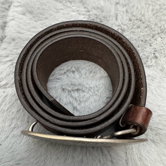 Vintage 90s Leather Statement Belt Western Festival Rodeo Silver Buckle Brown - Picture 3 of 13